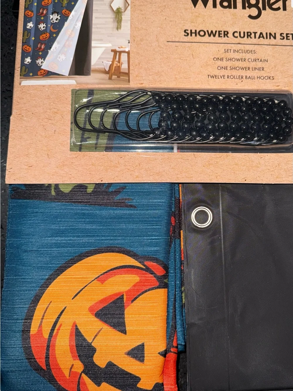 NEW Wrangler BLUE Fabric HALLOWEEN GHOST PUMPKIN CACTUS BOOT Shower Curtain Set